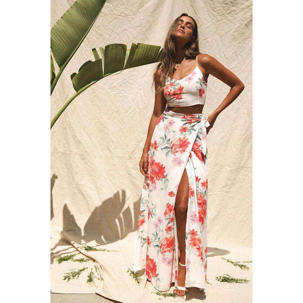 Lulus Bloom With A View White Floral Print Two-piece Maxi Dress - Size M